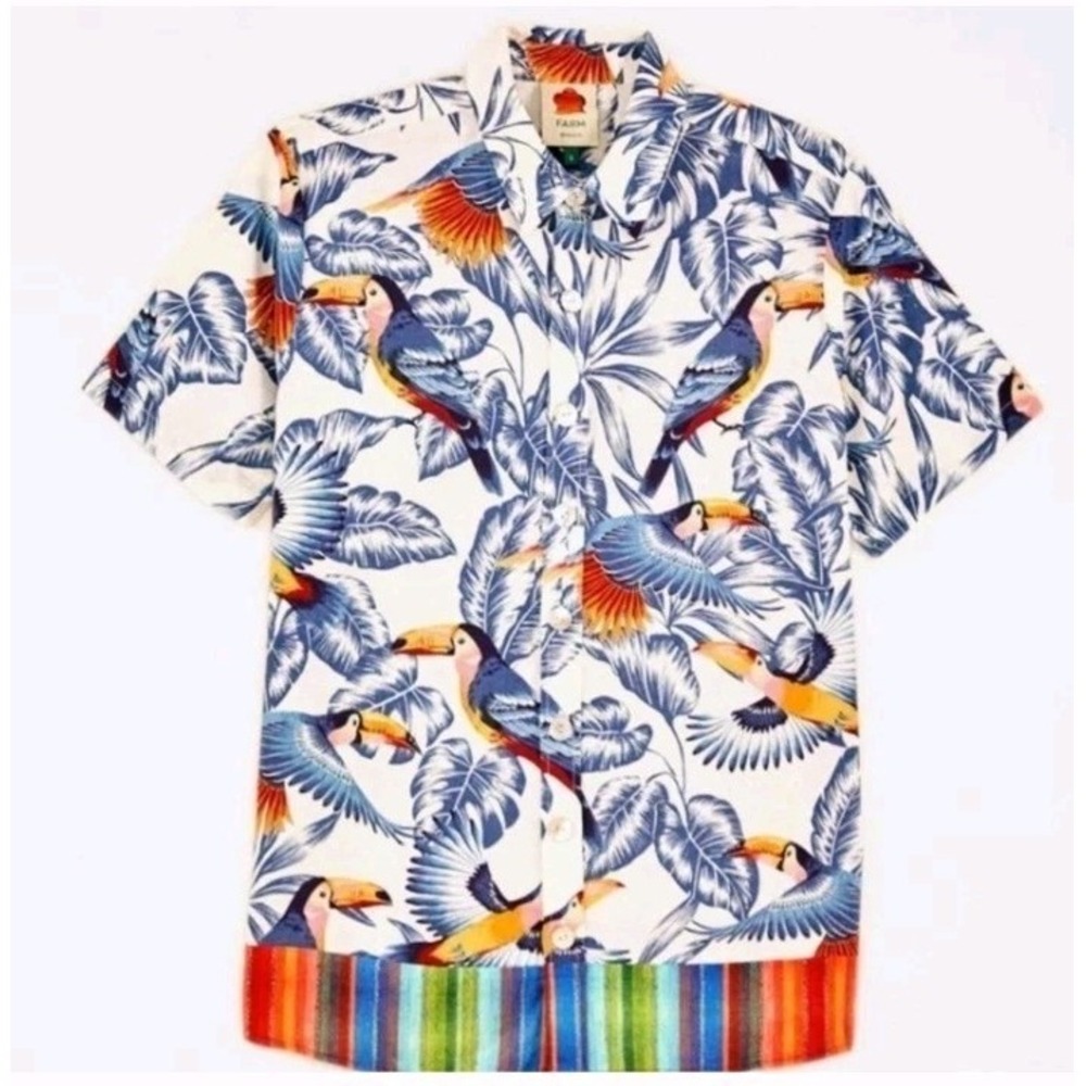 FARM Rio Flying Toucans Uni Button Down Shirt Multicolored Linen Tropical Preppy
